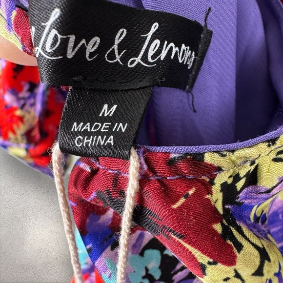 For Love And‎ Lemons Red Purple Floral Satin Chiara Puff Sleeve Mini Dress Sz M - Picture 6 of 7